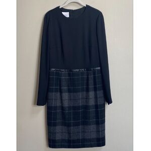 AKRIS Punto Black & Grey Plaid Long Sleeve Dress With Faux Leather Trim Size 10